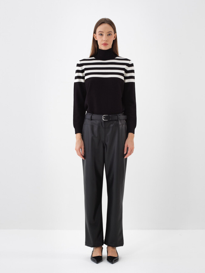 Wool Striped Turtleneck Sweater Black