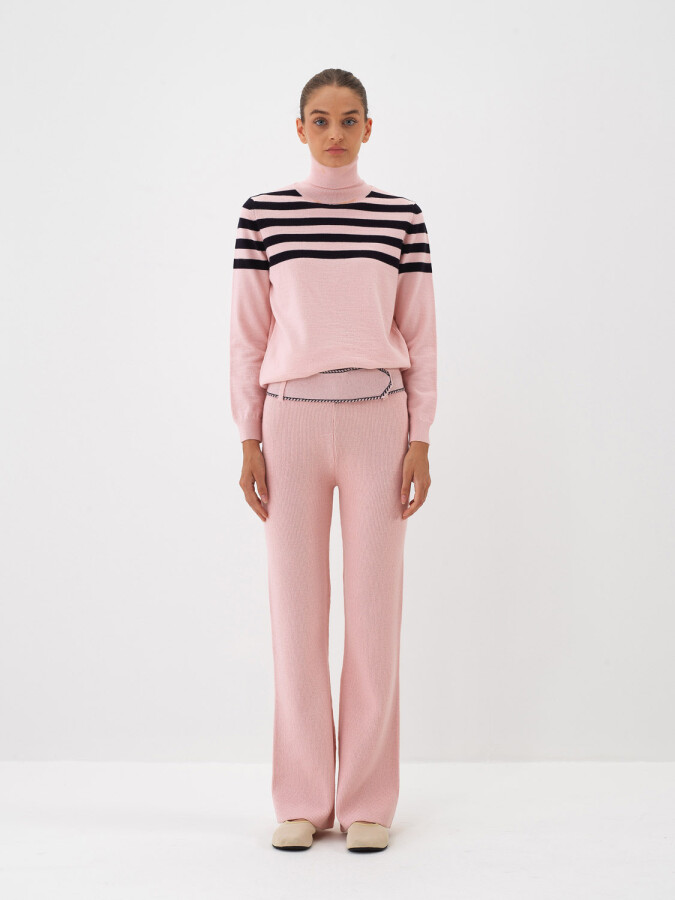 Wool Striped Turtleneck Sweater Pink