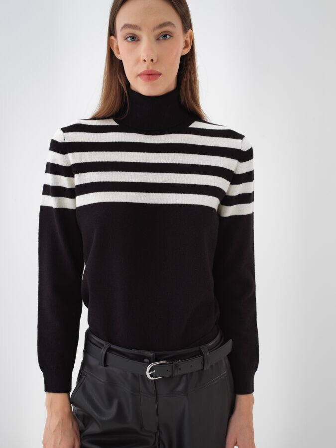 Wool Striped Turtleneck Sweater Black