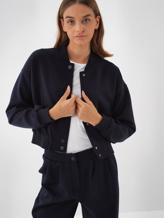 Cotton Sweatshirt Jacket Navy Blue Melange