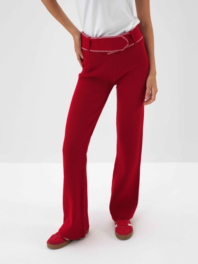 Wool Plain Pants Red