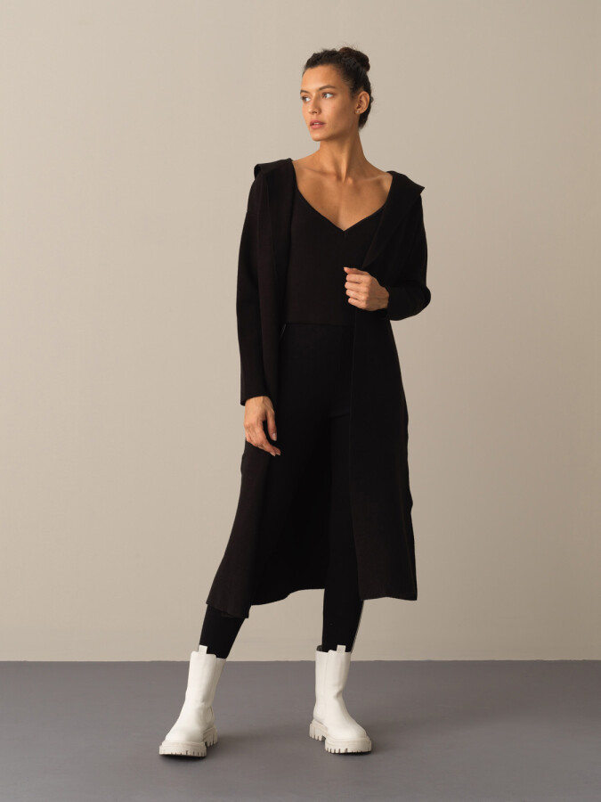 Hooded Regular Fit Long Cardigan Black