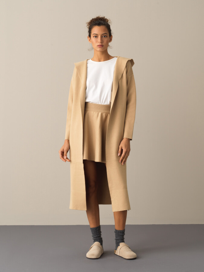 Hooded Regular Fit Long Cardigan Beige