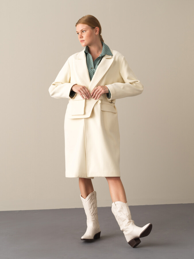 Button and Pocket Detailed Oversized Coat Ecru