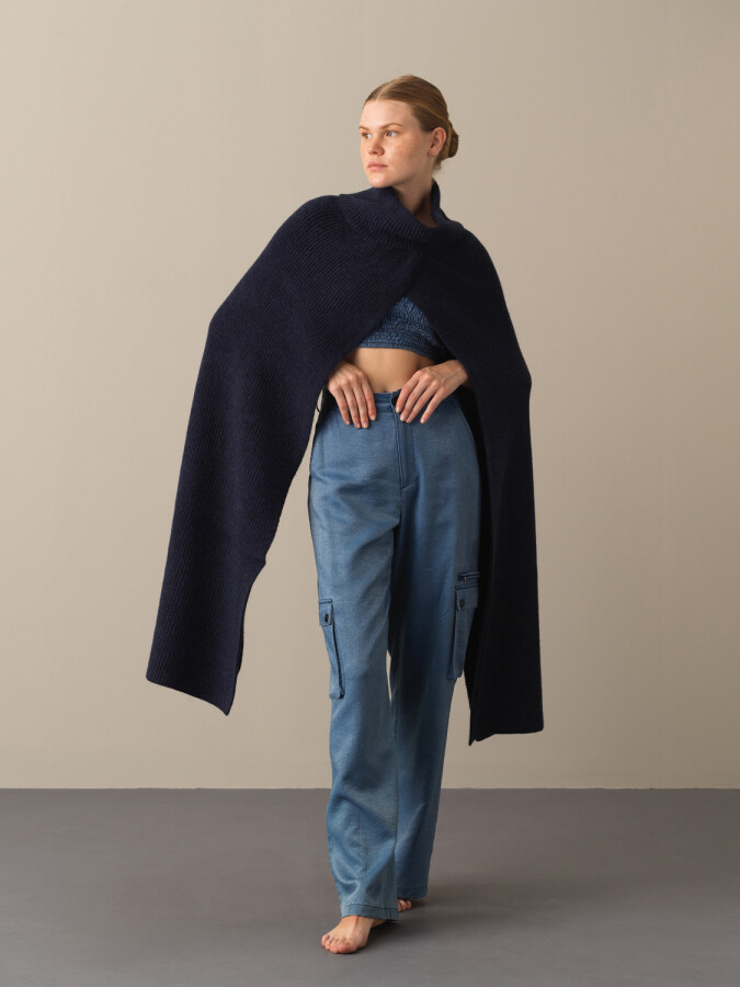 Regular Fit Knitted Wool Poncho Navy Blue Melange