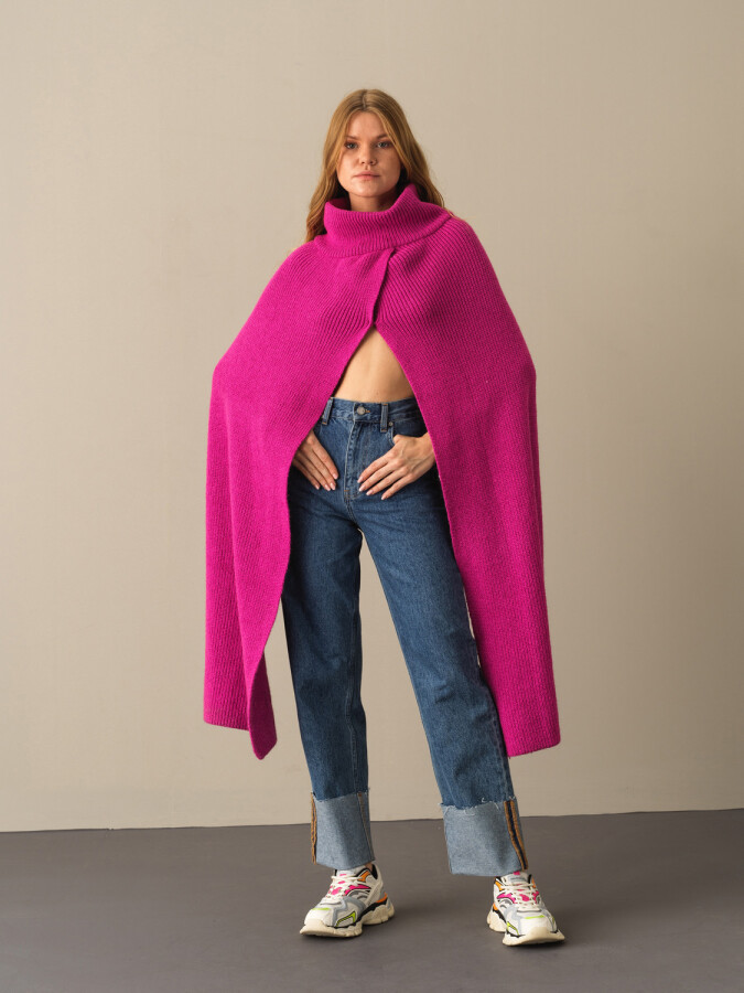 Regular Fit Knitted Wool Poncho Fuchsia