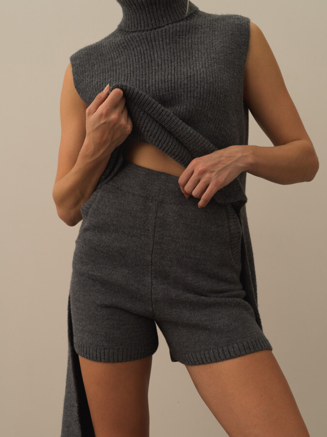 High Waist Regular Fit Wool Knit Shorts Gray