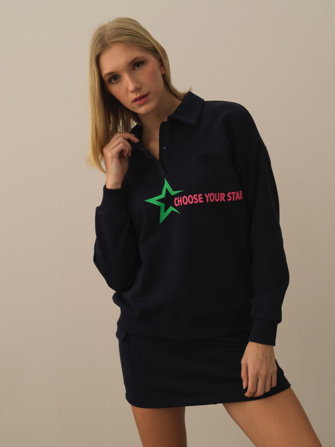 Cotton Oversized Printed Sweatshirt Navy Blue Melange