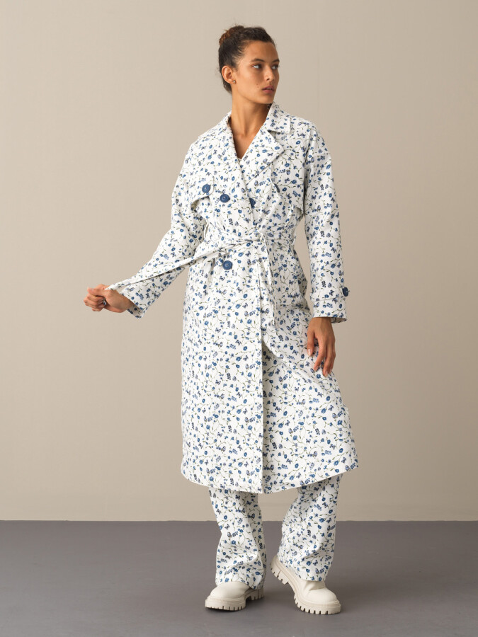 Cotton Waist-Tied Oversized Trench Coat Blue